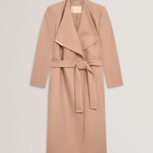 Rose mid length belted wool wrap coat in camel