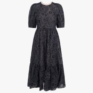 Meganie puff sleeved midi dress in black